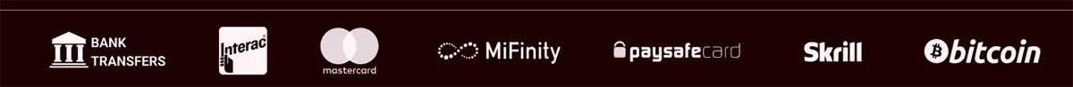 Horizontal casino payment methods banner displayed on a dark red background, featuring white logos for Bank Transfers, Interac, Mastercard, MiFinity, Paysafecard, Skrill, and Bitcoin, arranged in a single row to indicate the available deposit and withdrawal options supported by the platform.
