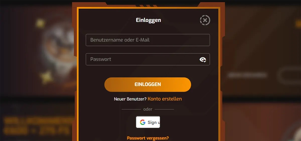 German-language casino login popup interface displayed in a dark-themed modal window with orange borders, featuring input fields for username or email (“Benutzername oder E-Mail”) and password (“Passwort”), along with a prominent “Einloggen” (Log In) button. The interface also includes a link for new users to create an account (“Konto erstellen”), an option to sign in with Google, and a “Passwort vergessen?” (Forgot password?) recovery link, shown over a blurred casino website background.