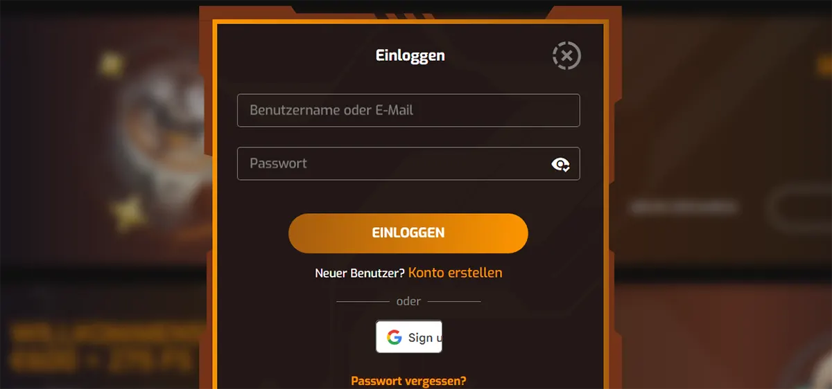 German-language casino login popup interface displayed in a dark-themed modal window with orange borders, featuring input fields for username or email (“Benutzername oder E-Mail”) and password (“Passwort”), along with a prominent “Einloggen” (Log In) button. The interface also includes a link for new users to create an account (“Konto erstellen”), an option to sign in with Google, and a “Passwort vergessen?” (Forgot password?) recovery link, shown over a blurred casino website background.
